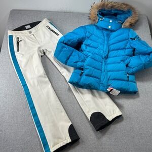 Bogner Fire Ice Womens S/M Ski Suit Set Puffer Jacket Blue White Pants Fur Hood
